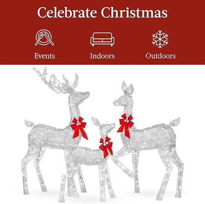 Best Choice Products 3-Piece Large Lighted Christmas Deer Family Set 5Ft Outdoor Yard Decoration with 360 LED Lights, Stakes, Zip Ties - Silver