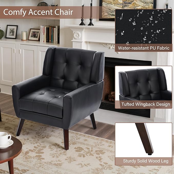Faux Leather Accent Chairs Set of 4, Mid-Century Modern Upholstered Armchair, Comfy Living Room Chairs Reading Chairs with Button Tufted Back & Solid Wood Legs for Bedroom, Office, Black