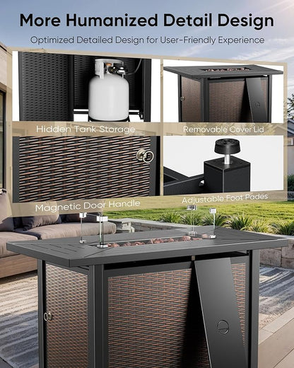 HUMMUH 7-Piece Patio Furniture Set with Fire Pit,Wicker Patio Sofa Set Outdoor Swivel Rocking Chairs with Ottomans for Backyard,Poolside,Deck