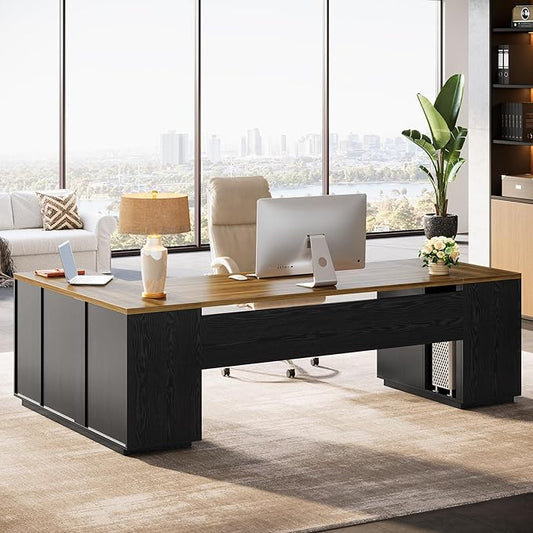 Tribesigns 85.8-Inch L-Shaped Executive Desk with File Drawers, Door Cabinet & Shelves, Extra Large Commercial Office Desk, Modern Professional Office Table, Business Furniture, Warm Brown & Black