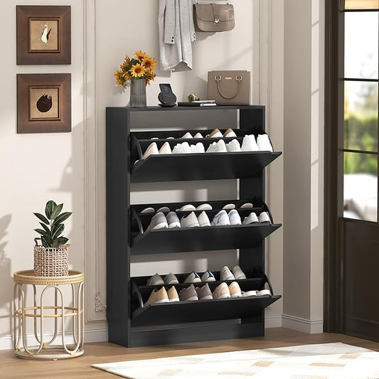 Shoe Storage Cabinet with 3 Flip Drawers, Slim Hidden Wood Shoe Cabinet Storage for Entryway, Freestanding Narrow Shoe Rack Organizer with Adjustable Shelves for Foyer, Hallway, Black