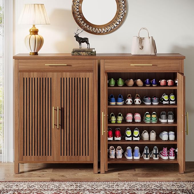 Tribesigns Shoe Cabinet, 5-Tier Shoe Storage Cabinet with Louvered Doors and Drawer, Freestanding Wooden Shoe Rack Organizer with Adjustable Shelves for Entryway, Hallway, Closet, Brown