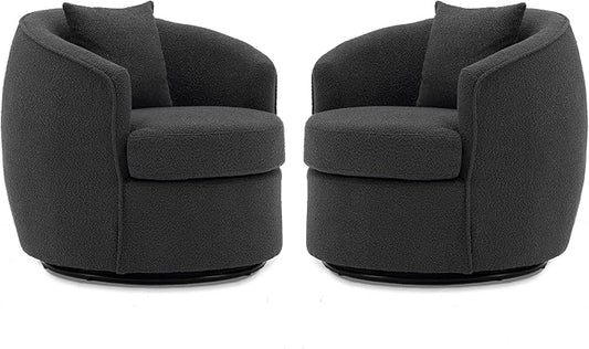 Swivel Accent Chair Set, Modern Upholstered Boucle Barrel Arm Chairs with Pillow for Living Room, 360 Degree Round Swivel Sherpa Armchair with Round Base for Bedroom Club (2, Dark Grey)