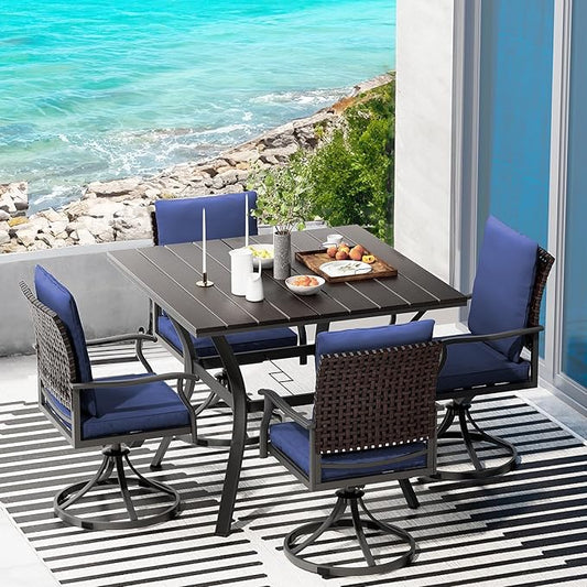 LEVELEVE 5 Piece Outdoor Patio Dining Set with 4 Swivel Dining Chairs & 1 Large Round Dining Table,Bistro Furniture Set for Lawn, Garden, Deck, Backyard and Porch