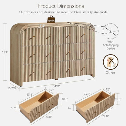 T4TREAM Fluted 6 Drawers Dresser for Bedroom, 54" Wide Modern Chest of Drawers with Thickened Curved Profile Design, Wood Dressers TV Stand for Bedroom, Living Room, Hallway, Natural Oak