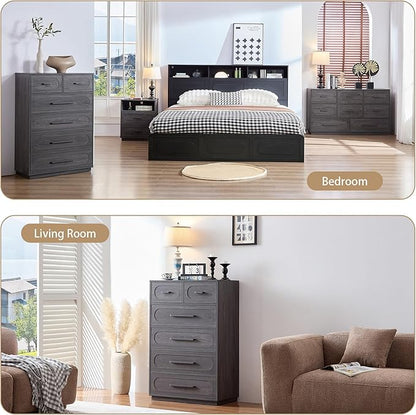 Gray 6 Drawer Dresser for Bedroom, 44" Tall Dressers & Chest of Drawers w/Solid Wood Handle, Wood Mid Century Closet Organizers and Storage Cabinet for Bedroom, Living Room, Hallway, Gray