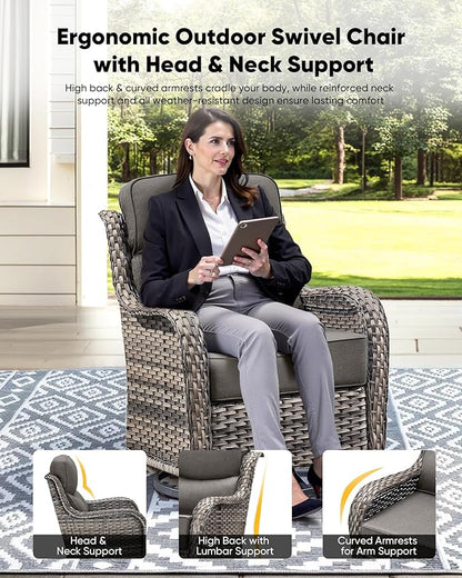 HUMMUH Wicker Patio Furniture Set with Patio Swivel Chairs Set of 4 and 50,000 BTU Fire Pit Table,6 Inch Thick Cushions High Back Outdoor Swivel Rocker Chairs Set for Porch, Balcony, Deck