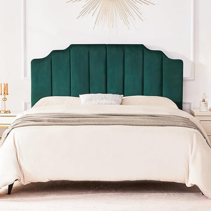 Velvet Upholstered Headboard Queen, Tufted Headboard, Elegantly Curved Queen headboard only,Soft Padded headboards, Modern Vertical Channel Design Head Board, Dark Green