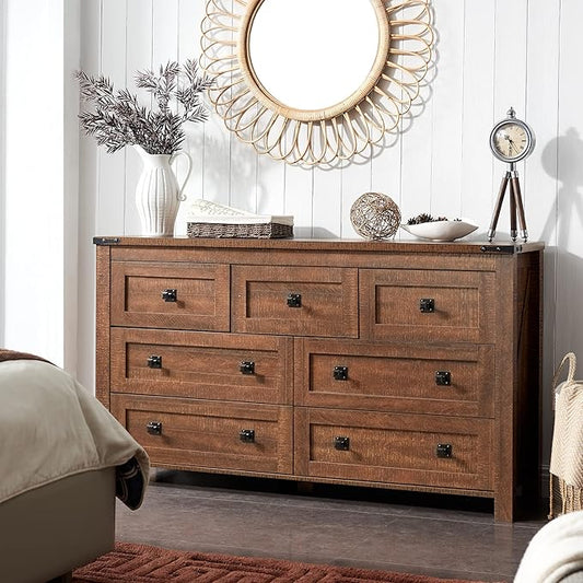 T4TREAM Farmhouse 7 Drawers Dresser for Bedroom, Wood Rustic Dresser Tv Stand, Storage Dressers Organizer for Bedroom, Living Room,Hallway, Reclaimed Barnwood