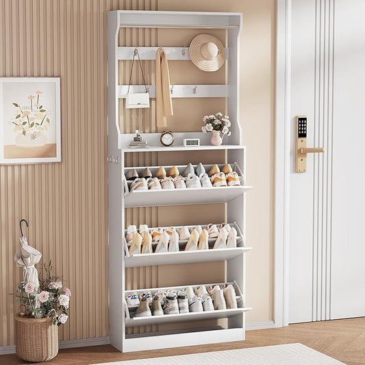 Shoe Cabinet for Entryway, White, 31.5 * 9.37 * 78.74 Inch, 3 Flip Drawers, 3 Shelves, Modern Style