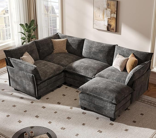 KKL Modular Sectional Sofa, J-Shaped 5 Seater Convertible L-Shaped Cloud Couch with Ottoman, Chenille Modern Sectional Couches for Living Room, Apartment Grey