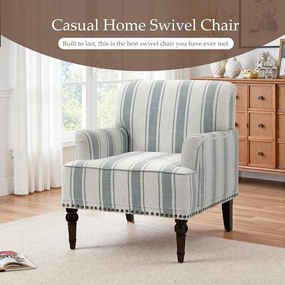 Pia Ricco Stripe Accent Chair-Modern Nailhead Trim & Wood Legs Armchair - Comfy Living Room, Bedroom, or Home Office Seating-Light Blue