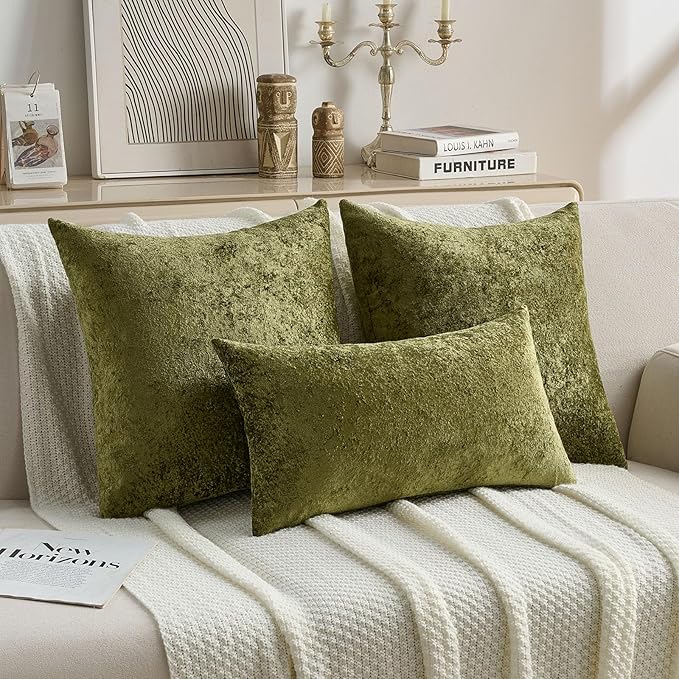 FUTEI Moss Green Flannel Throw Pillow Covers 18x18 Inch Set of 2,Soft Dimensional Textured Cushion Cases,Modern Home Decor for Couch Living Room