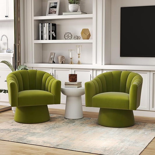 Swivel Accent Chair Set of 2, Upholstered Velvet 360° Swivel Barrel Chair for Living Room Overstuffed Bouncle Reading Chair Round Armchair for Bedroom,Vanity,Office (Grass-Green)