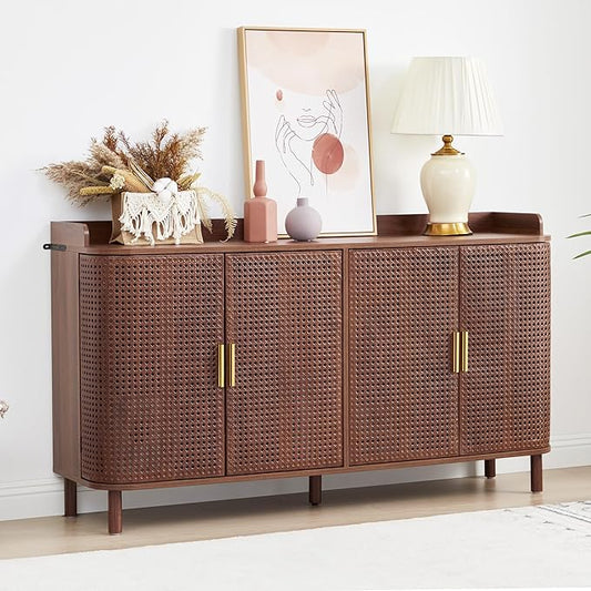 4 Doors Storage Cabinet, 2 Tier Wooden Storage Organizer Cabinet with Adjustable Shelf, Sideboard Buffet Cabinets with Iron Curved Doors Accent Shoe Rack for Entryway Hallway Living Room (Walnut)