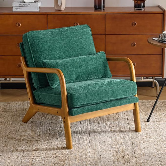 Karl home Mid Century Modern Accent Chair with Lumbar Pillow & Oak Arms – Plush Chenille Living Room Chair for Bedroom, Lounge (Dark Green)