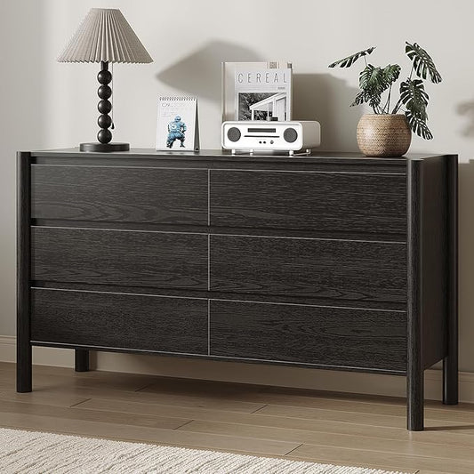 Dresser for Bedroom with 6 Drawers,47" Wide Oak Dresser with 4 Solid Wood Legs, Wooden TV Stand,Closet Clothes Organizer for Bedroom, Hallway