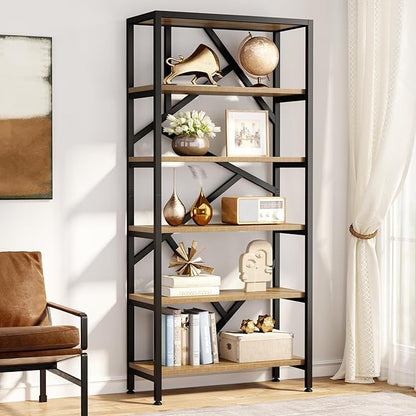 Tribesigns 71 Inch Industrial Bookshelf, 6 Shelf Etagere Bookcase, Free Standing Open Book Shelves Storage Display Shelf, Wood Shelving Units Organizer Rack for Home Office Living Room, Black and Wood