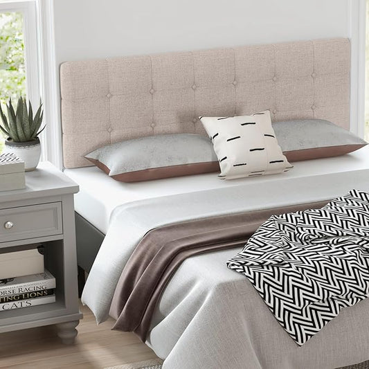 KOMFOTT Linen Upholstered Headboard for Full & Queen Size Bed Frame, Tufted Button Bed Headboard with Solid Rubber Wood Legs, Rectangular Headboard with Adjustable Width, Beige