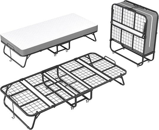 INTERGREAT Folding Bed with Mattress, 75" x 38" - 5" Thick Memory Foam Mattress, Twin Size Portable Beds for Adults, Metal Bed Frame on Wheels for Guest, Space Saving Roll Away Beds for Easy Storage