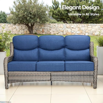 Swivel Patio Chairs sofa Set of 9 with 6" Thick Cushion - Wicker Outdoor Swivel Rocker Patio Chair ,Sofa/Glass coffee table, High Back Comfortable Outdoor Glider Chairs - Gery Wicker | Blue Cushions