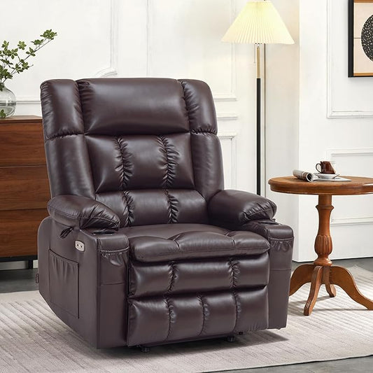 MCombo Dual Motor Power Lift Recliner Chair for Elderly, Lay Flat Lift Chair with Heat and Massage, Oversized Lift Recliner for Big and Tall, Faux Leather R7891 (Dark Brown, Oversized)