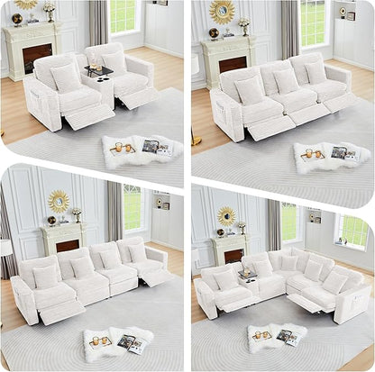 Oversized Corner Modular Sectional Sofa, L Shape Plush Corduroy Fluffy Sectional Couch with Pillows, 5 Seat Modular Sofa with Deep Seat for Living Room-White