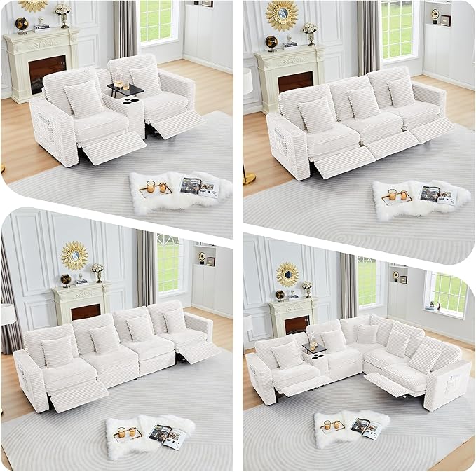 ORRD Power Reclining Sectional Sofa, Electric Loveseat Recliner with 2 Electric Footrest and Adjustable Headrest, Modern Plush Corduroy Fluffy Reclining Sectional with Deep Seat for Living Room-White