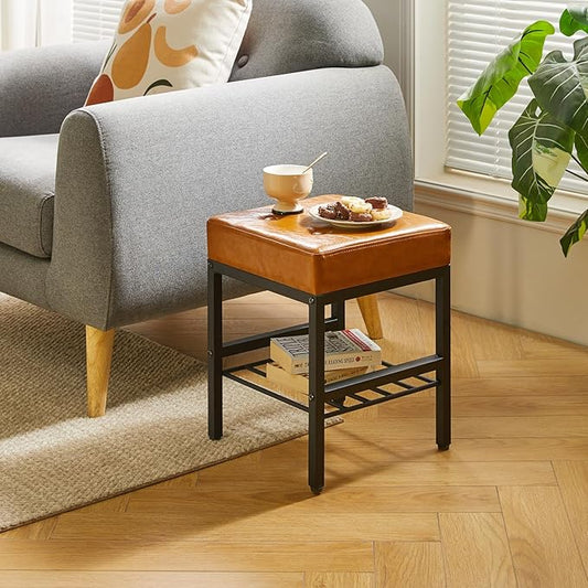 IBUYKE Square Makeup Stool with Adjustable Feet and Storage Space, Footrest Chair, PU Vanity Seat, Multi-Use as Small Side Table or Ottoman, for Bedroom, Light Brown LG-60J