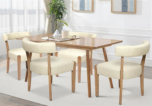 Modern Dining Chairs Set of 4, Faux Leather Upholstered Kitchen & Dining Room Chairs, Mid Century Modern Wooden Dining Chairs Oversized Sturdy Rounded Chairs Curved Back, Beige