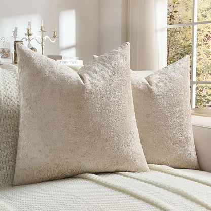 FUTEI Beige Flannel Throw Pillow Covers 24x24 Inch Set of 2,Soft Dimensional Textured European Cushion Cases,Modern Home Decor for Couch Living Room