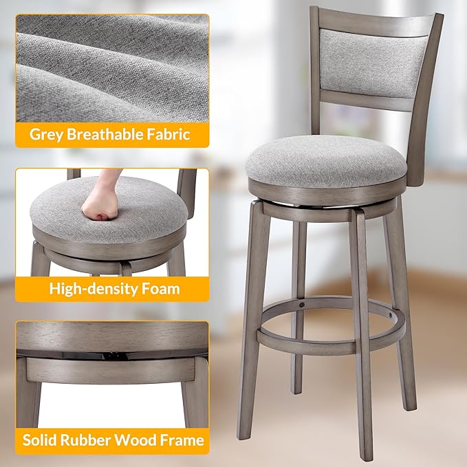 PrimeZone Swivel Bar Stools Set of 4, 30 Inch Bar Height Barstools, High Back Bar Stool with Solid Wood Legs & Wrap-Around Footrest, Counter Stools for Kitchen Island, Pub & Cafe, Grey