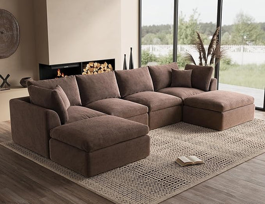 Oversized Cloud Sectional Couches for Living Room, Boneless U Shaped Couch with Ottoman, 4 Seater Modular Sectional Sofa, Brown