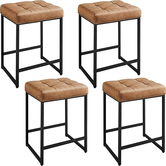Yaheetech 24" Leather Bar Stools Set of 4, Kitchen Counter Height Bar Chairs Stools, for Kitchen Island, Dining Room, Brown