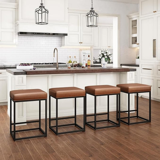 PHI VILLA Brown Leather Bar Stools Set of 4, Counter Height Barstools Kitchen Chairs, 24 inch Counter Stools