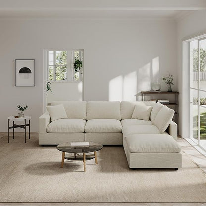Modern Sectional Linen Couch for Living Room V-Shape Sofas,5 Seat Modular Cloud Sofas,Couches Cushion Covers Removable,Cozy Feather Down Sofa for Apartment Beige