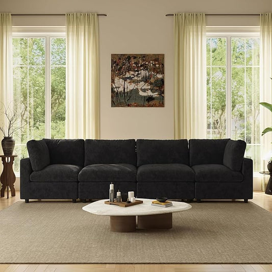WJShome Modern Sectional Sofa 134 Inch 4-Seater Cloud Couch with Chenille Deep Seat Couches for Living Room, Bedroom and Apartment，Black