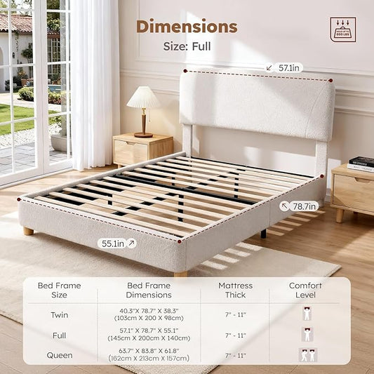 Queen Size Cloud Bed Frame, Soft Boucle Bed Frame with Adjustable Headboard, Solid Wood Legs, Rounded Corners Design & Easy Assembly – Modern Platform Bed,Cream