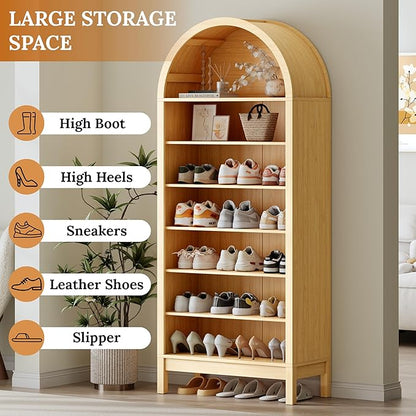 70" Tall Arched Shoe Cabinet, 7-Tier Shoe Rack with 3 Adjustable Shelves, Large Freestanding Shoe Organizer for Entryway, Closet, Hallway, Living Room (Natural Oak)