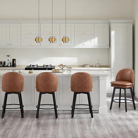 Counter Height Barstools 26 inch Upholstered Swivel Bar Stools with Back and Wood Legs for Kitchen Island,Set of 1,Brown PU Leather-Armless