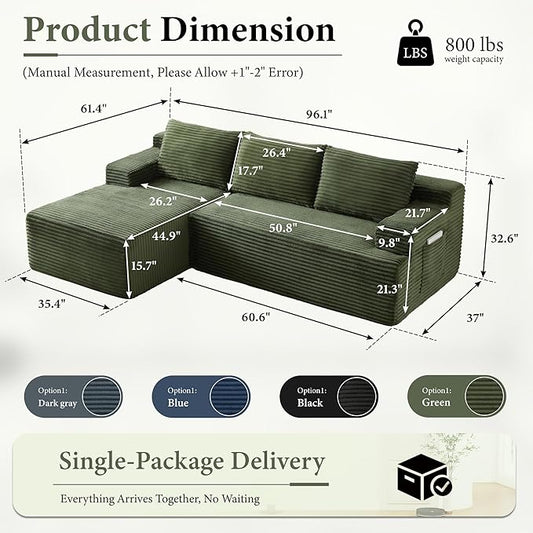 96''Sectional Couches for Living Room,Modern Modular Sectional Sofa,Upholstered Boneless Couch with Pockets,Comfy Cloud Couch with L Shaped Chaise(Green, 96''W Left Facing Chaise)