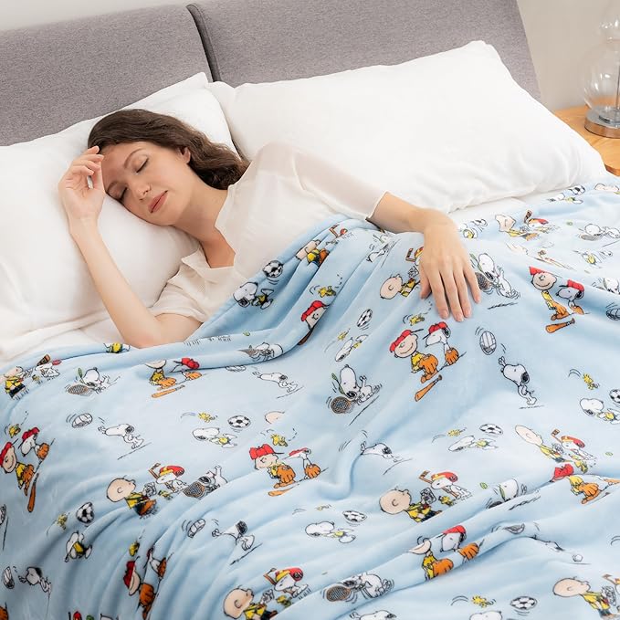 Berkshire Blanket Peanuts® VelvetLoft® Cute Character Snoopy Plush Blanket,Snoopy The Athlete Closed in Blue,King 90 in x 108 in (Official Peanuts® Product)