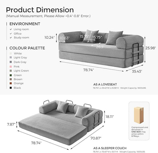 79" Convertible Sofa Bed with Fixed-Shape Frame & Removable Armrests, Modular Corduroy Sleeper Sofa, Folding Mattress Couch for Small Spaces - No Assembly Needed in Light Gray (Includes 2 Pillows)