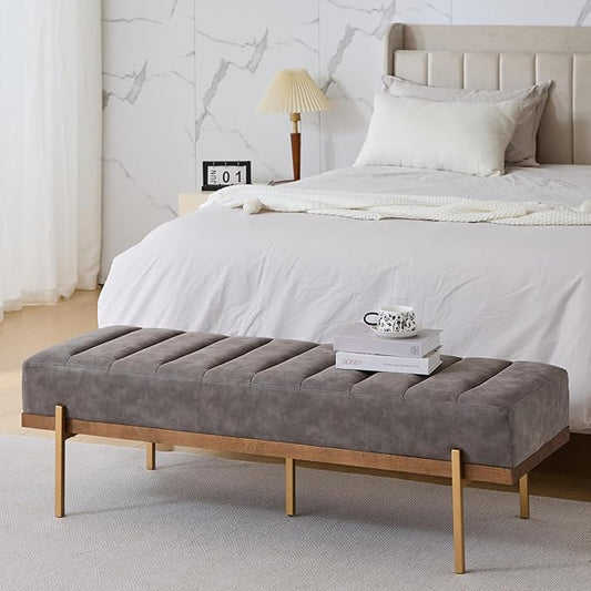 Christopher Knight Home Neapo Bench Ottoman, Rectangular Ottoman, Spacious Seating Chair, Upholstered Footstool, Tufted Bench with Gold Legs for Bedroom Living Room Entryway Hallway, Grey+Gold