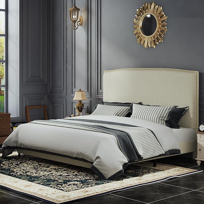 King Size Bed Frame with Upholstered Headboard, 56" Modern Platform Bed, Soft Boucle Fabric & Gold Nailhead Trim, No Box Spring Required, Cream