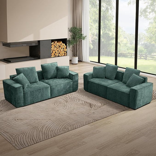 WILLOVE Modular Sectional Sofa Set, Chenille Cloud Couch with Wide Armrests & 8 Pillows, Deep Seat Couches for Living Room, 4-Seater Green