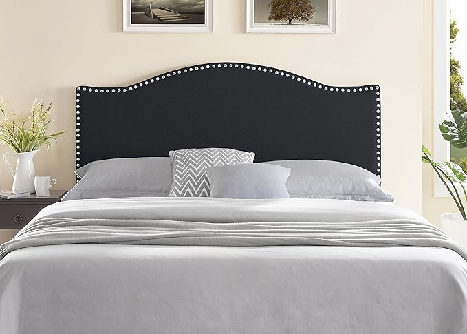 Naomi Home Catalina Queen Headboard – Upholstered Linen Tufted Panel with Nailhead Trim, Adjustable 12 Height Settings, Wall or Bed Frame Mount – Black