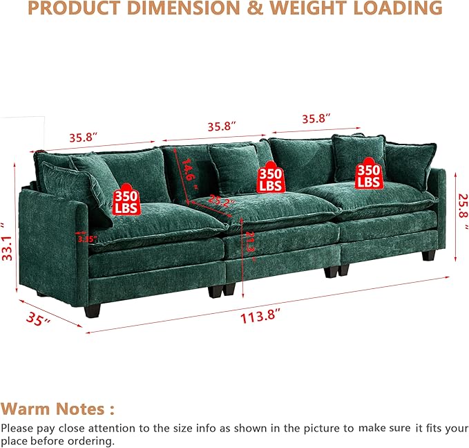 Aoowow Modular Sectional 3 Seater Cloud Sofa Couch for Living Room,113.8" Cloud Sofas with Deep Seat,Modern Chenille 3 Seat Sofas,Fluffy Cloud Couches for Bedroom,Apartment,Office (Green, 3 Seater)