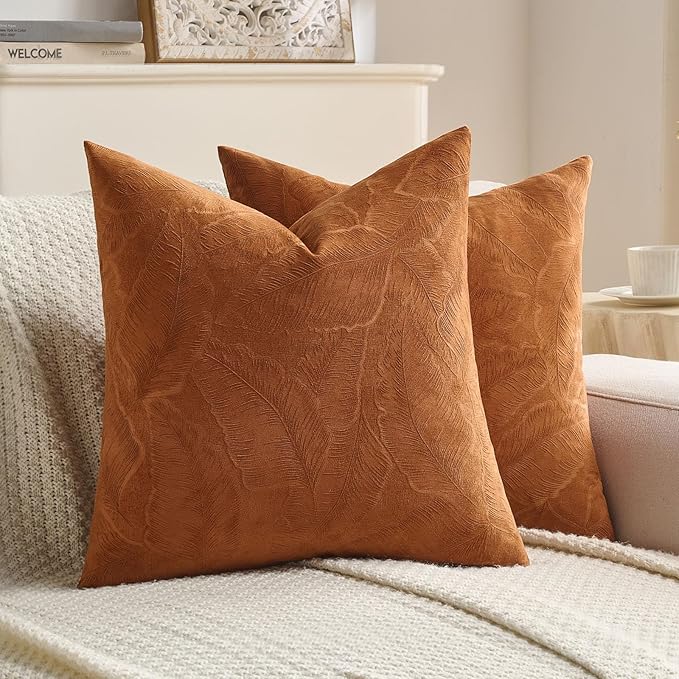 FUTEI Rust Velvet Throw Pillow Covers 24x24 Inch Set of 2,Soft Embossed Leaf-Relief Textured European Cushion Cases,Natural Home Decor for Couch Living Room