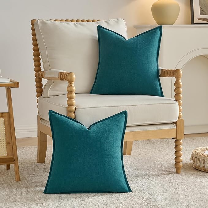 FUTEI Teal Chenille Throw Pillow Covers 26x26 Inch Set of 2,Edges Double-Stitched Euro Pillow Shams,Modern Home Decor for Couch Living Room